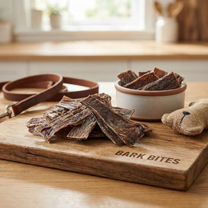 All-natural beef gullet flats dog treats from Jojo Modern Pets, 5-6 inches, shown in a bag.