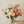 A hand holds a bouquet of pink, white, and peach roses against a textured, off-white background.