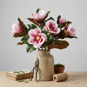 Pink Magnolia faux flower stem with 16 nature touch blooms, from Sweet Home Deco, showcasing realistic dried botanical details.