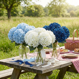Artificial silk hydrangea flower with soft, full blooms, perfect for home decor by Sweet Home Deco.
