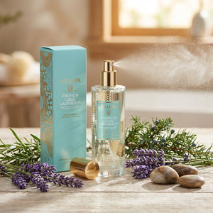 StephanYoung French Cade Lavender Room Spray by Voluspa, featuring a decorative spray bottle with lavender and woody scent elements.