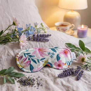 Lavender Spring Bloom sleep mask by Sonoma Lavender, soft fabric with lavender floral design for relaxing sleep.