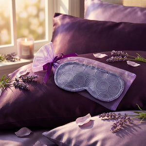 Lavender sleep mask on purple pillows, surrounded by lavender sprigs, petals, and a lit candle.