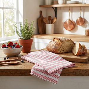 Rustic kitchen with bread on a board, a bowl of berries, rosemary plant, and striped cloth.