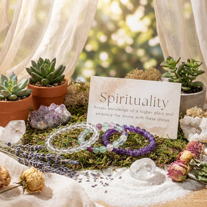 Set of spiritual jewelry bracelets with intention charms from Earths Elements Wholesale, featuring natural stones and intricate bead details.