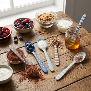 Enameled stainless steel kitchen spoon with striped and dotted designs, part of CCOI serveware collection.