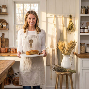Woman in a beige apron holds bread in a rustic kitchen with wheat decor and copper pots.