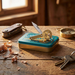 Key-shaped pocket knife on blue tin, surrounded by wood shavings on a wooden table.