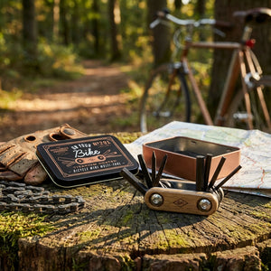 Bicycle tools on a mossy tree stump with a bike, map, and path in a sunlit forest background.