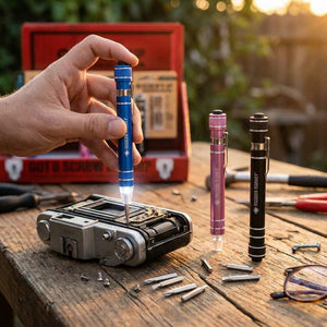 Hand using a blue light-up screwdriver on a vintage camera; pink and black screwdrivers nearby.