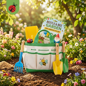 Toysmith kids garden tote kit with a beetle and bee, featuring colorful toys for outdoor exploration and gardening activities.