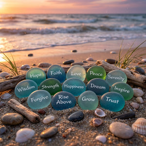 Set of 60 SHOPGIVECOURAGE imprinted glass word stones displayed in a bowl, featuring inspirational words on clear, smooth glass stones.