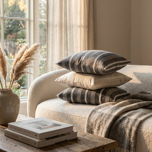Cozy living room with striped cushions on a cream sofa, pampas grass, and soft natural light.