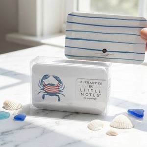 Crabby Little Notes® notecards with playful crab illustrations, featuring E. Frances Paper branding and vibrant, colorful designs.