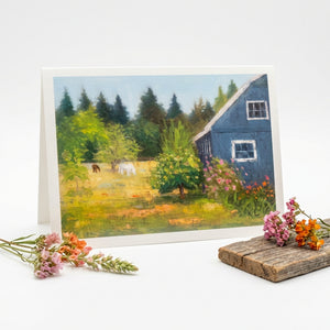 Greeting card featuring a summer pasture scene by Kathy Levine, with vibrant countryside imagery from Pleasant Beach Living.