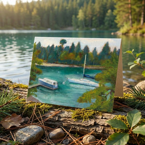 Painting of boats on a turquoise lake, surrounded by lush green trees, placed on a mossy log.
