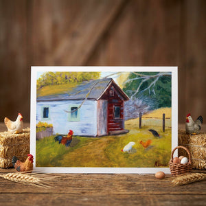 Colorful greeting card featuring farm scene artwork by Kathy Levine, from Johnson Farm Coop, by Pleasant Beach Living.