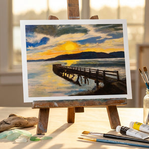 Painting of a sunset over a pier, with vibrant orange, blue skies, on an easel with art supplies.