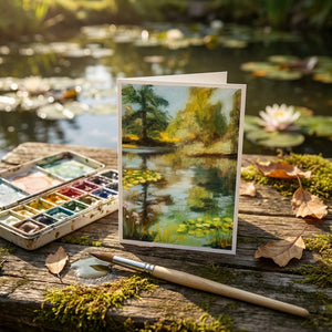 Painting of a pond with trees and lilies on a wooden surface, beside a paint palette and brush.