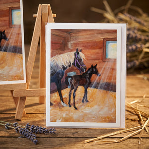 Painting of a mare and foal in a sunlit wooden stable, with purple harness and hay on the ground.