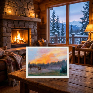Cozy cabin with stone fireplace, warm fire, snowy mountain view, and a colorful landscape painting.