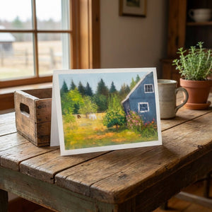 Greeting card featuring a summer pasture illustration by Kathy Levine, from Pleasant Beach Living.