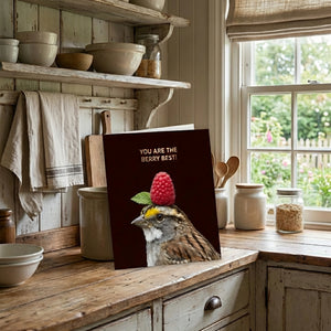 Card with a bird wearing a raspberry on its head, text reads "You are the berry best!"