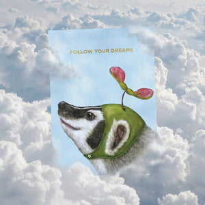 Hester & Cook "Follow Your Dreams" badger greeting card with floral design, suitable for sending encouraging messages.