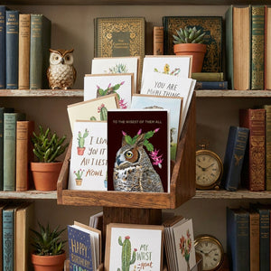 Wooden card display with owl-themed cards, plants, vintage books, and an owl figurine on shelves.