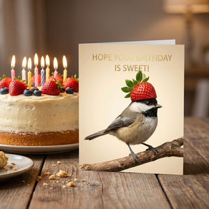 Sweet Chickadee birthday greeting card by Hester & Cook featuring charming chickadee illustration on high-quality stationery.