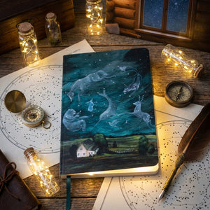 Notebook with constellations, compasses, feather pen, and glowing jars on a wooden desk.