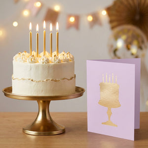 Light pink birthday cake greeting card from HnC, featuring a festive cake illustration, measuring 4.25 x 5.5 inches.