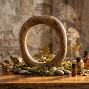 Natural mango wood standing circle sculpture from CCOI, decorative statue with smooth, rounded design for home decor.