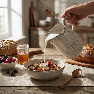 Hand pouring milk into a bowl of cereal with berries, next to bread, jam, and a wooden spoon.