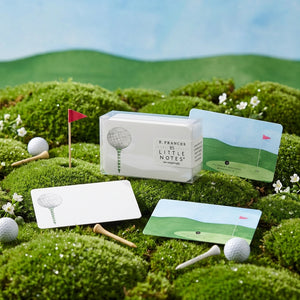 Boxed set of 85 mini golf-themed note cards by E. Frances Paper featuring Little Notes® with colorful golf tee illustrations.