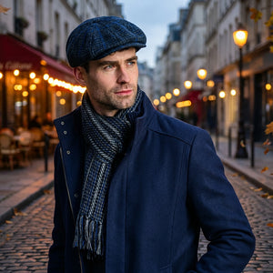 Man in blue coat and flat cap on a cobblestone street with string lights and autumn leaves.