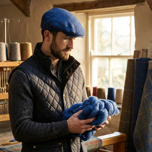 Man in a navy cap and quilted vest holding blue wool in a sunlit workshop with yarn spools.