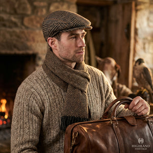 Man in tweed cap and scarf holding leather bag by fireplace; rustic stone wall in background.