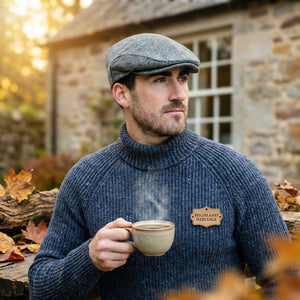 Man in a blue sweater and flat cap holds steaming coffee outdoors near stone building.