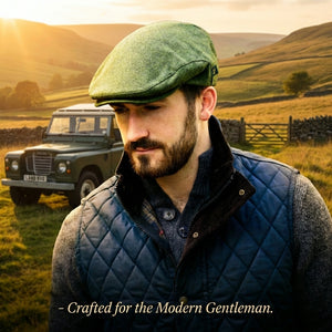 Man in a green flat cap and quilted jacket stands in a sunlit rural field with a vintage SUV.
