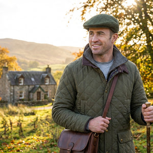 Man in a green quilted jacket and flat cap, holding a stick, stands by a cottage in autumn.