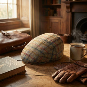Tweed cap on a wooden table with a steaming mug, leather gloves, book, and suitcase in warm light.