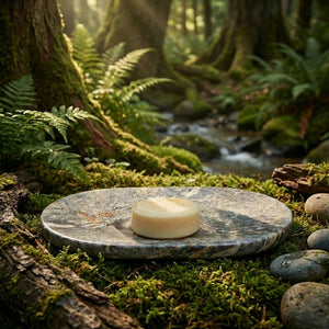 A round soap on a stone slab in a lush, sunlit forest with moss, ferns, and a gentle stream.