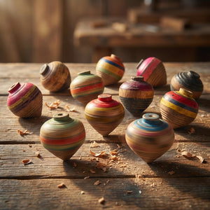 Colorful wooden spinning tops on a rustic wooden table, surrounded by wood shavings.