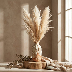 Pampas grass in a textured vase on a wooden stand, with neutral tones and soft natural light.