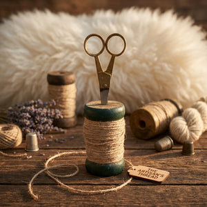 Small wooden spools with jute and scissors, CCOI decor-twine kitchen accessories, displayed on a neutral surface.