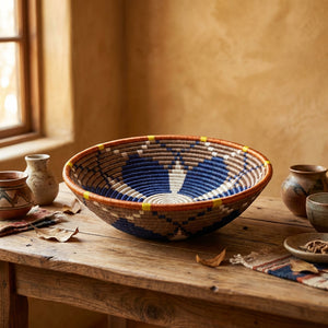 Colorful woven basket with blue, brown, and yellow patterns on a rustic wooden table with pottery.