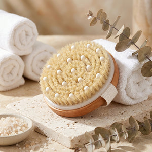 Cherry wood body brush with handle from CCOI, natural bathroom decor featuring a sleek wooden design and soft bristles.
