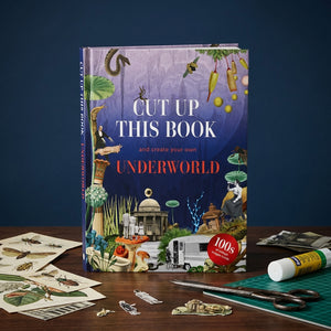 Book with collage art on cover, surrounded by cutouts, scissors, and glue on a wooden surface.