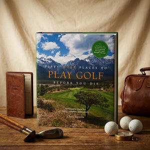 Book cover for "Fifty More Places to Play Golf Before You Die" by Abrams, featuring a scenic golf course background.